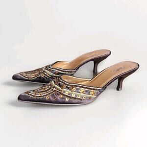 Starlet Y2k Style Brown Gold Embroidered Beaded Kitten Heel Mules Women's Size 6